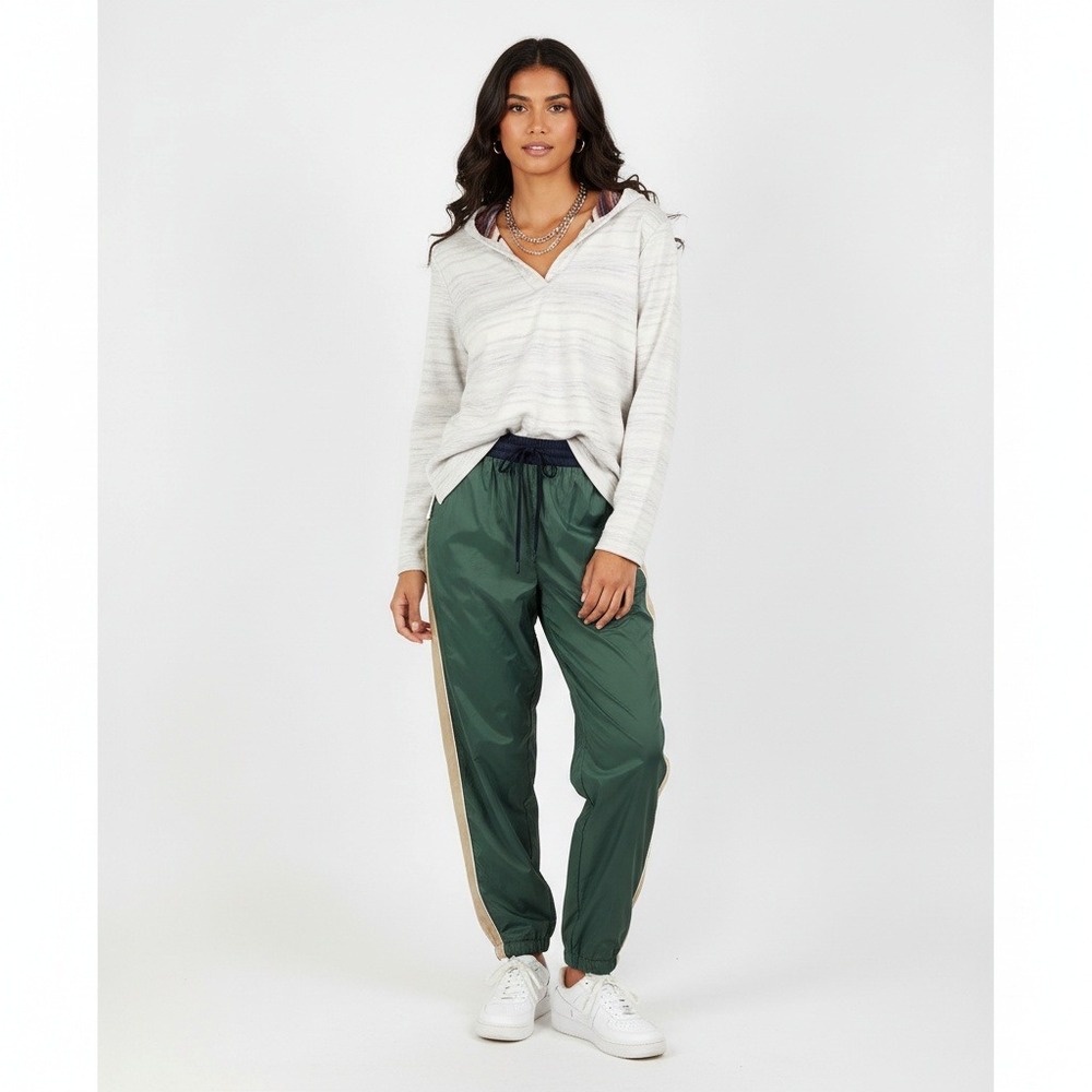 Zara Nylon Track Pants XS Green Beige Drawstring Waist Windbreaker Joggers